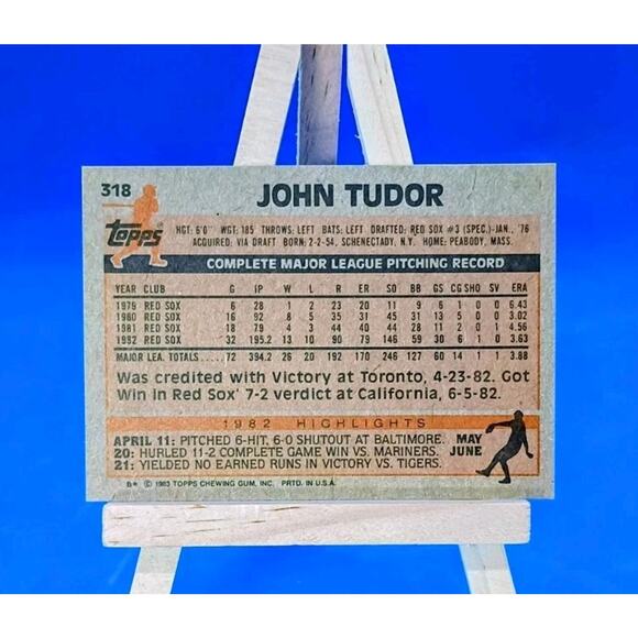 John Tudor Red Sox Pitcher 1983 Topps Card # 318 - Picture 2 of 2